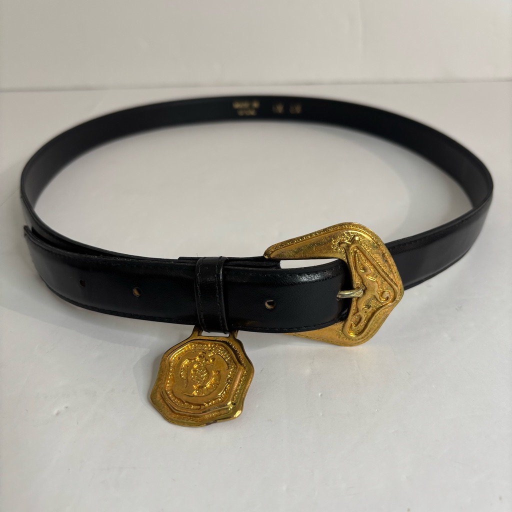 Leather Men’s Black With Gold Buckle And Medallion Belt